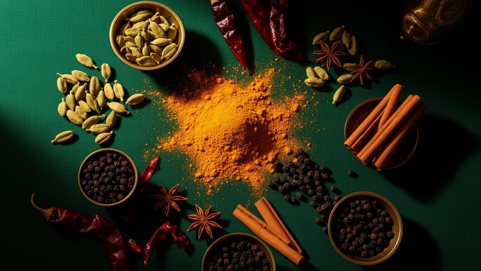 Cardamom, turmeric powder, and dried red chillies