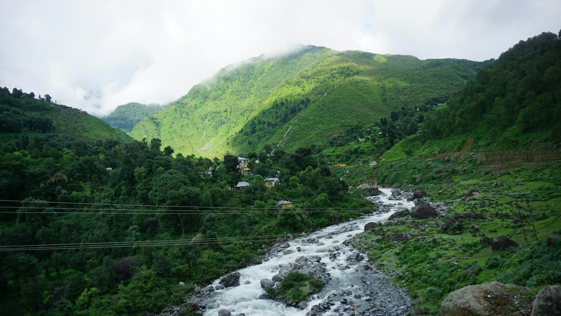 Misty green Himalayan valley with a mountain river